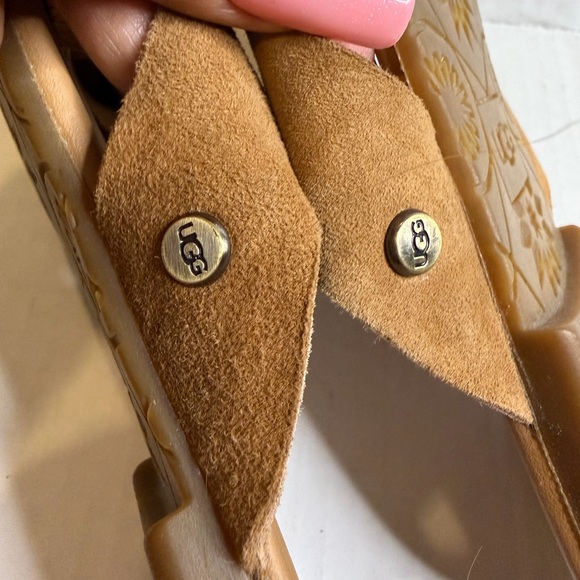 UGG Fonda Suede Slide Sandals Bow Thick Straps Chestnut 7.5 Brown - Picture 4 of 10